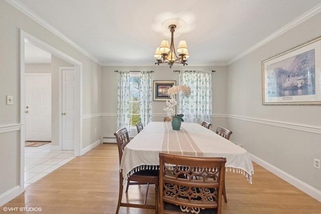28 Myrtle St, Millis, MA 02054 - dining area with baseboard heating, a chandelier, light wood finished floors, crown molding, and baseboards
