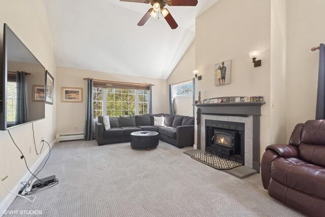 28 Myrtle St, Millis, MA 02054 - carpeted living room with ceiling fan, a baseboard radiator, high vaulted ceiling, and baseboards
