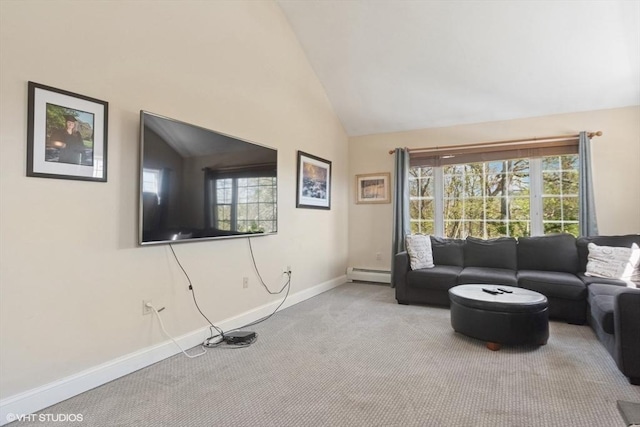 28 Myrtle St, Millis, MA 02054 - living room with a baseboard heating unit, vaulted ceiling, carpet flooring, and baseboards