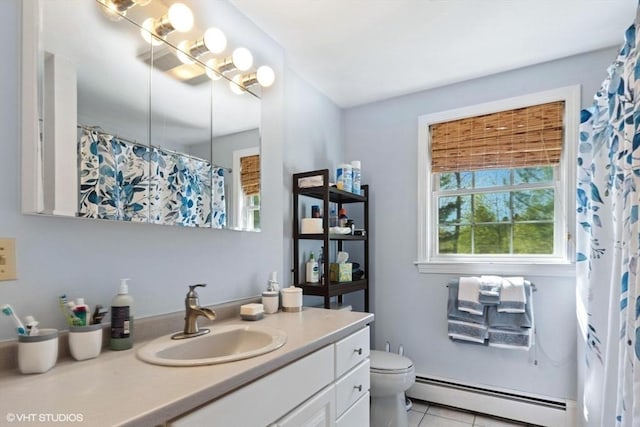 28 Myrtle St, Millis, MA 02054 - full bath with a baseboard radiator, vanity, toilet, tile patterned floors, and a shower with curtain