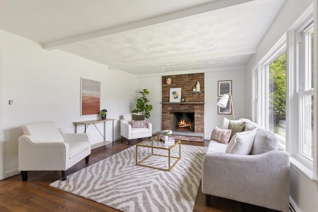 133 Jean Dr, Seekonk, MA 02771 - living area featuring wood finished floors, a fireplace, beamed ceiling, a baseboard heating unit, and baseboards