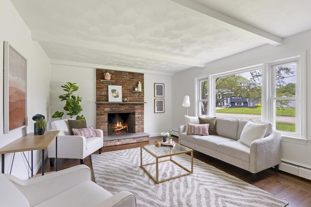 133 Jean Dr, Seekonk, MA 02771 - living room featuring healthy amount of natural light, beam ceiling, dark wood-style flooring, baseboard heating, and a brick fireplace