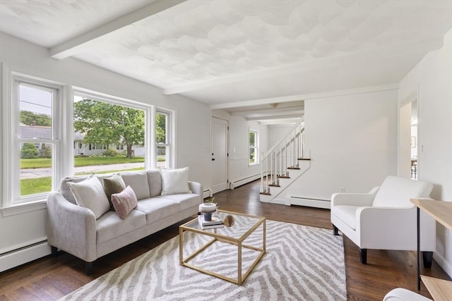 133 Jean Dr, Seekonk, MA 02771 - living area featuring a baseboard radiator, beam ceiling, wood finished floors, and stairs