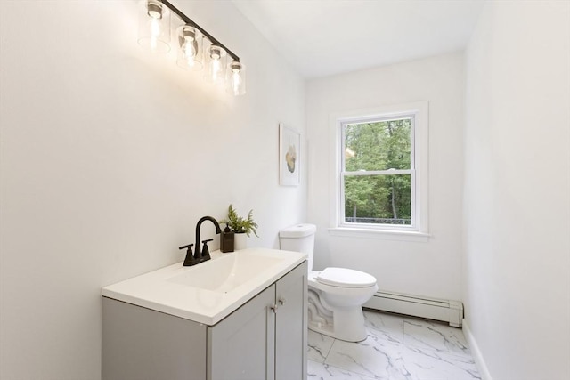 133 Jean Dr, Seekonk, MA 02771 - bathroom with a baseboard heating unit, marble finish floors, toilet, vanity, and baseboards