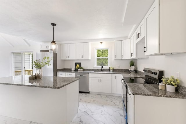 133 Jean Dr, Seekonk, MA 02771 - kitchen featuring appliances with stainless steel finishes, a sink, light marble finish floors, and white cabinets