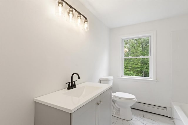 133 Jean Dr, Seekonk, MA 02771 - bathroom with a baseboard heating unit, marble finish floors, vanity, toilet, and a bath