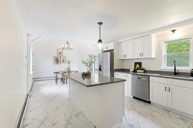 133 Jean Dr, Seekonk, MA 02771 - kitchen with appliances with stainless steel finishes, a sink, light marble finish flooring, baseboard heating, and a center island