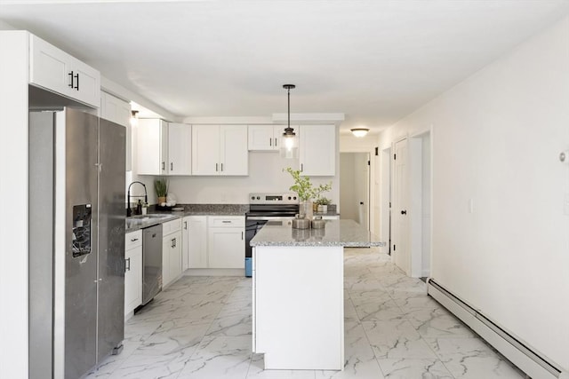 133 Jean Dr, Seekonk, MA 02771 - kitchen featuring baseboard heating, appliances with stainless steel finishes, light marble finish flooring, white cabinetry, and a center island