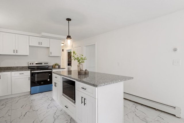 133 Jean Dr, Seekonk, MA 02771 - kitchen with stainless steel range with electric cooktop, a baseboard radiator, black microwave, light marble finish floors, and dark stone countertops