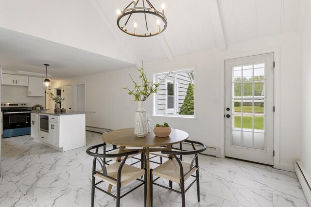 133 Jean Dr, Seekonk, MA 02771 - dining area featuring a baseboard radiator, light marble finish flooring, a chandelier, beam ceiling, and high vaulted ceiling