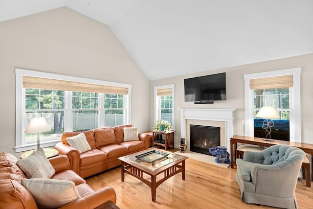 33 Inkberry Ln, Plymouth, MA 02360 - living room with a fireplace with flush hearth, light wood-style floors, and high vaulted ceiling