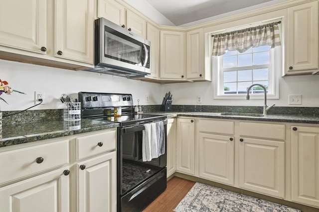 226-236 River St Unit 5, Haverhill, MA 01832 - kitchen featuring electric range, stainless steel microwave, cream cabinets, wood finished floors, and a sink
