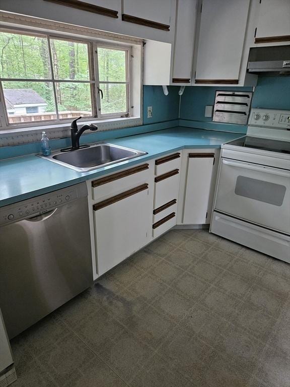 59 Tanbark Rd, Sudbury, MA 01776 - kitchen with white electric range oven, stainless steel dishwasher, ventilation hood, white cabinets, and a sink