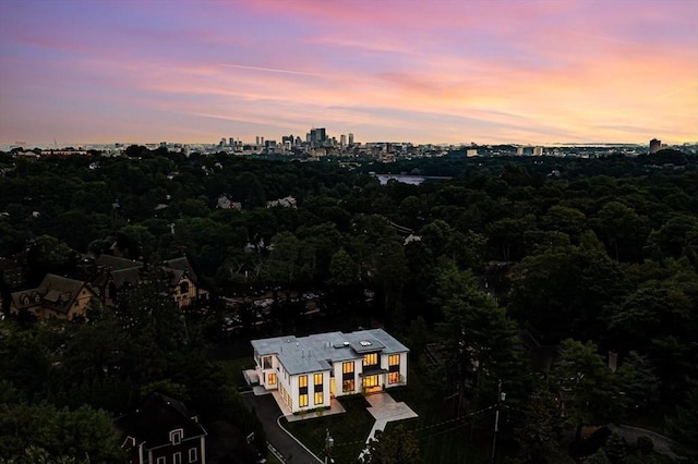 view of aerial view at dusk