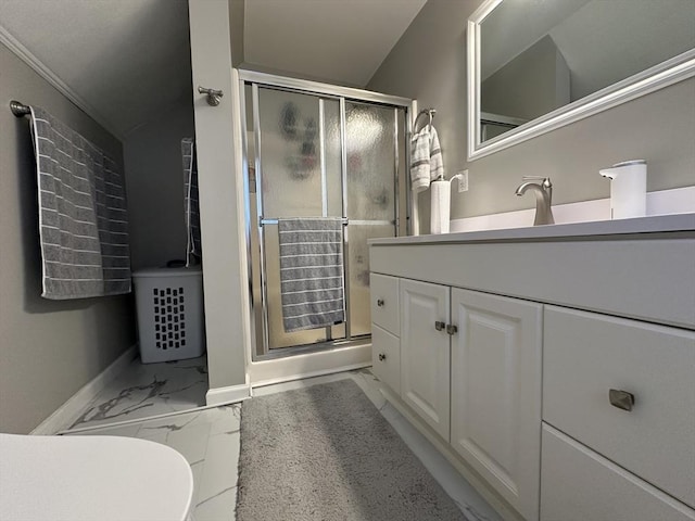 44-46 Spring St, West Springfield, MA 01089 - full bathroom featuring a shower stall, vanity, marble look tile flooring, and baseboards