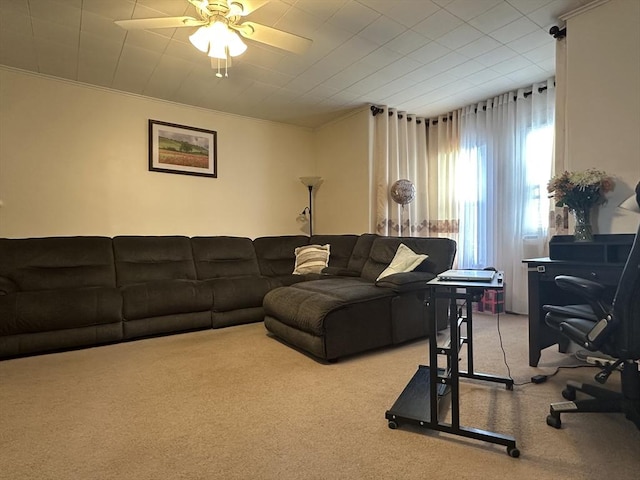 44-46 Spring St, West Springfield, MA 01089 - living area featuring carpet flooring, ornamental molding, and a ceiling fan