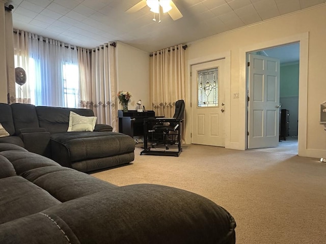 44-46 Spring St, West Springfield, MA 01089 - carpeted living room featuring healthy amount of natural light, a ceiling fan, crown molding, and baseboards