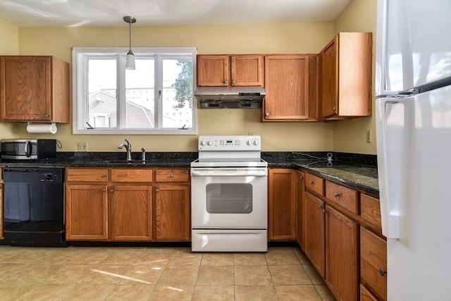 kitchen with white appliances, range hood, a sink, and brown cabinetry