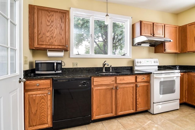 kitchen featuring white range with electric cooktop, black dishwasher, stainless steel microwave, under cabinet range hood, and a sink