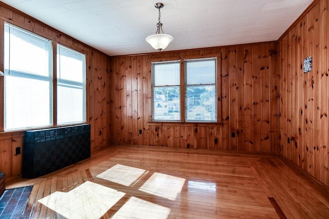 spare room featuring healthy amount of natural light, wood-type flooring, and wooden walls