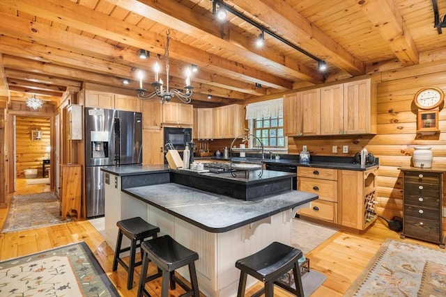 7 Rileys Way, Dartmouth, MA 02747 - kitchen with black appliances, dark countertops, light wood-style floors, a chandelier, and wood ceiling with exposed beams