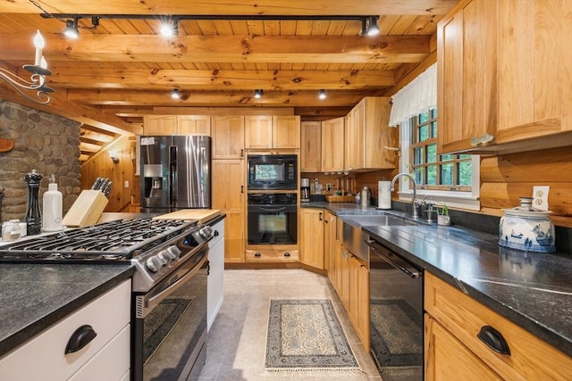 7 Rileys Way, Dartmouth, MA 02747 - kitchen with black appliances, wooden ceiling with exposed beams, a sink, and rail lighting