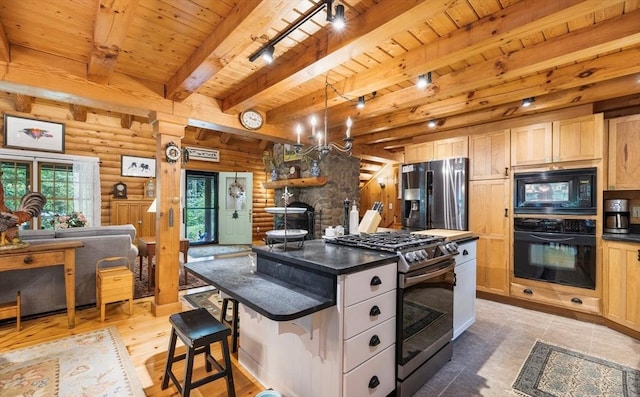 7 Rileys Way, Dartmouth, MA 02747 - kitchen with black appliances, log walls, dark countertops, wooden ceiling with exposed beams, and open floor plan