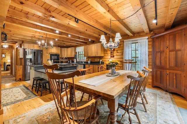 7 Rileys Way, Dartmouth, MA 02747 - dining room with a chandelier, light wood-style flooring, wooden ceiling with exposed beams, and track lighting