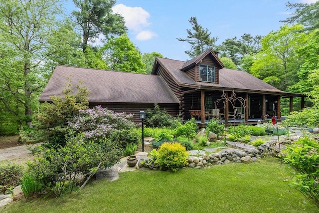 7 Rileys Way, Dartmouth, MA 02747 - log home with log exterior, a porch, and a front lawn