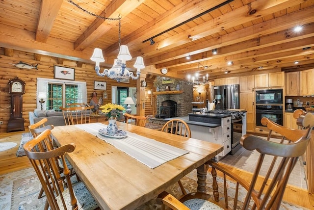 7 Rileys Way, Dartmouth, MA 02747 - dining space with light wood-style flooring, a chandelier, rustic walls, and wooden ceiling with exposed beams