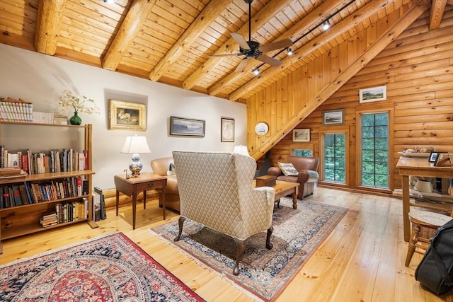 7 Rileys Way, Dartmouth, MA 02747 - living area featuring wooden ceiling, wood-type flooring, track lighting, ceiling fan, and rustic walls