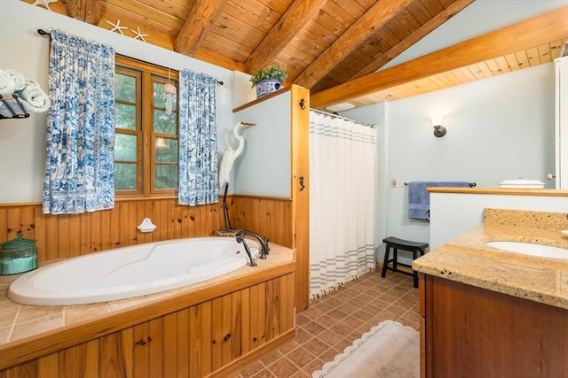 7 Rileys Way, Dartmouth, MA 02747 - full bath featuring wooden ceiling, a bath, vanity, wooden walls, and a shower with curtain