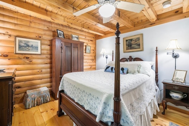 7 Rileys Way, Dartmouth, MA 02747 - bedroom with wooden ceiling with exposed beams, log walls, light wood-type flooring, and a ceiling fan