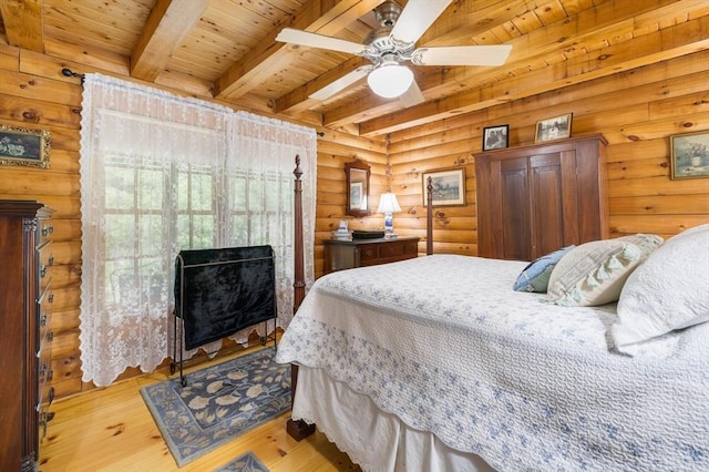 7 Rileys Way, Dartmouth, MA 02747 - bedroom featuring wooden ceiling with exposed beams, wood finished floors, log walls, a tile fireplace, and a ceiling fan