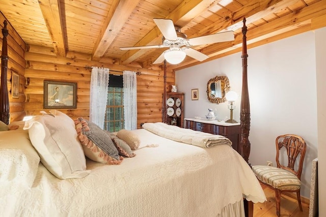 7 Rileys Way, Dartmouth, MA 02747 - bedroom featuring rustic walls, wood finished floors, wooden ceiling with exposed beams, a ceiling fan, and baseboards