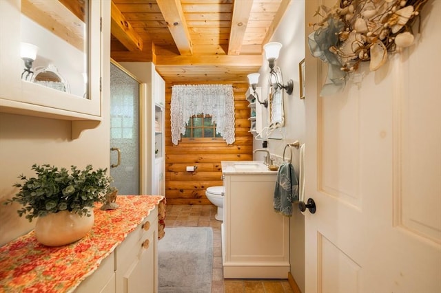 7 Rileys Way, Dartmouth, MA 02747 - full bathroom featuring wood ceiling with exposed beams, vanity, toilet, a shower stall, and log walls