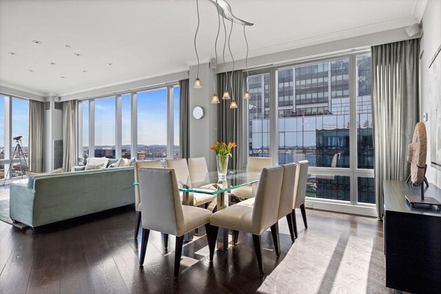 dining space with healthy amount of natural light, wood finished floors, and ornamental molding
