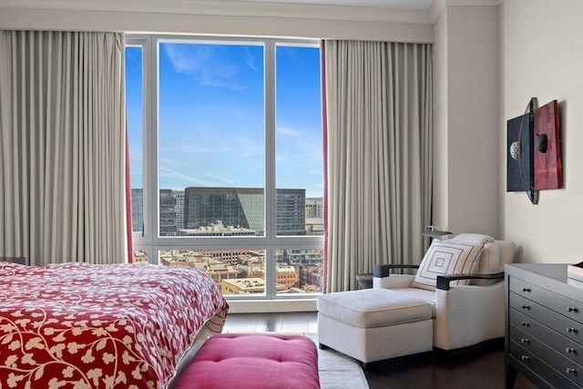 bedroom featuring wood finished floors and a view of city