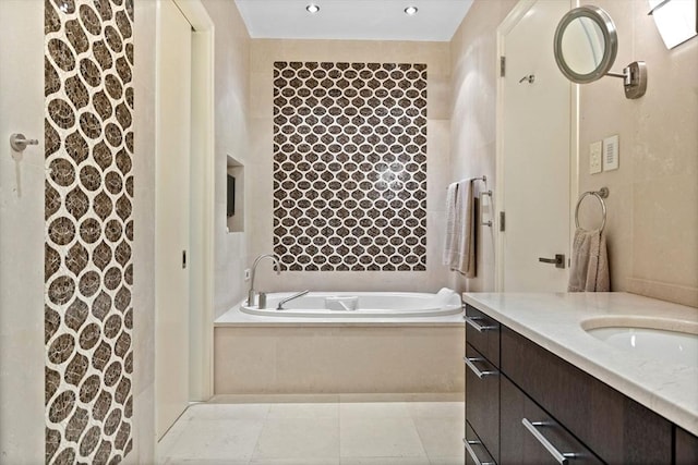 bathroom featuring vanity, a bath, and a shower