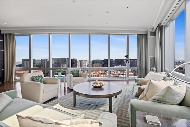 living room with a city view, plenty of natural light, and wood finished floors