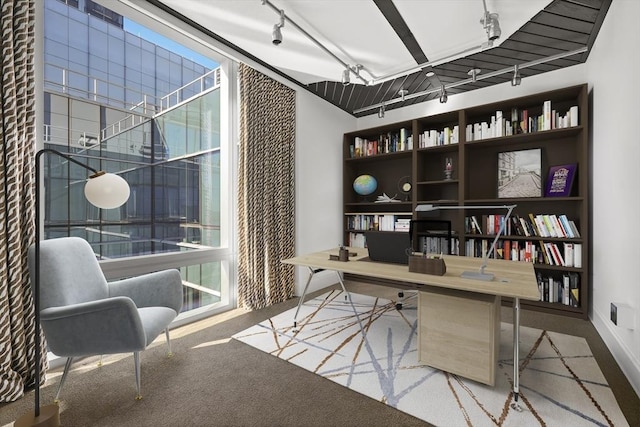 carpeted office space with track lighting and baseboards