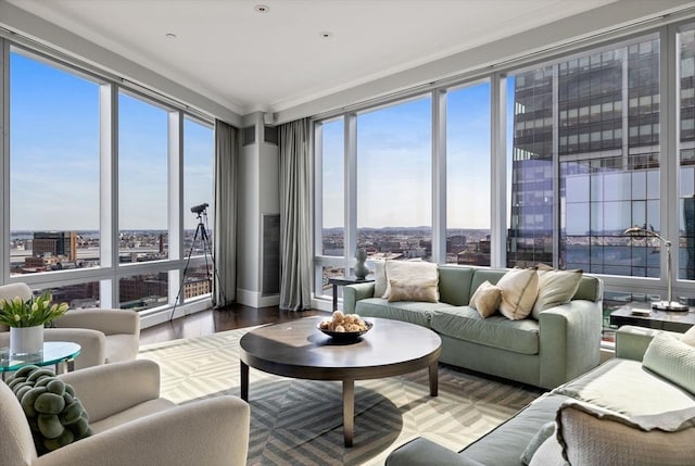 sunroom / solarium featuring plenty of natural light and a view of city