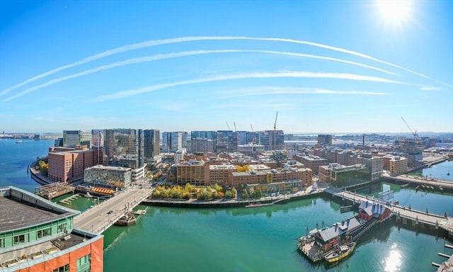 view of urban area with a notable bridge and a large body of water