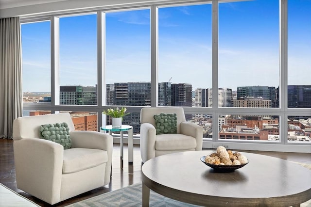 sunroom featuring a city view