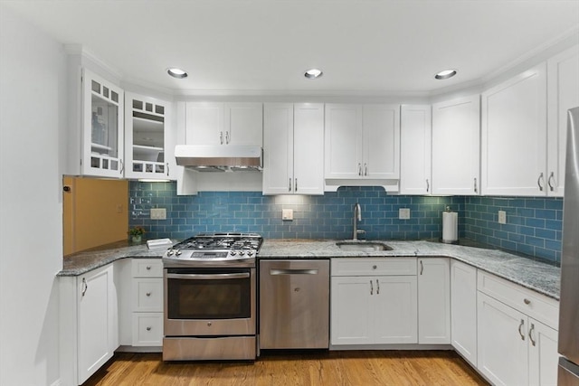 200 Winchester St Unit 1, Brookline, MA 02446 - kitchen with appliances with stainless steel finishes, under cabinet range hood, a sink, white cabinetry, and recessed lighting