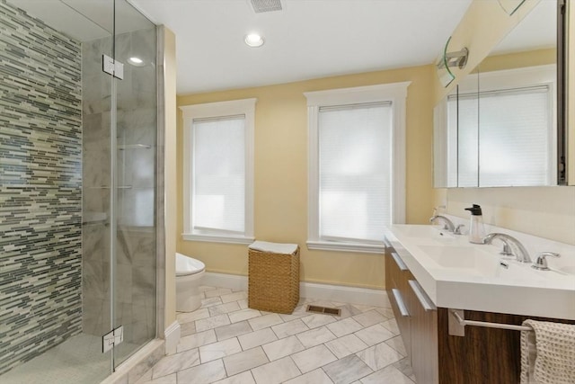 200 Winchester St Unit 1, Brookline, MA 02446 - bathroom featuring double vanity, a shower stall, baseboards, toilet, and recessed lighting