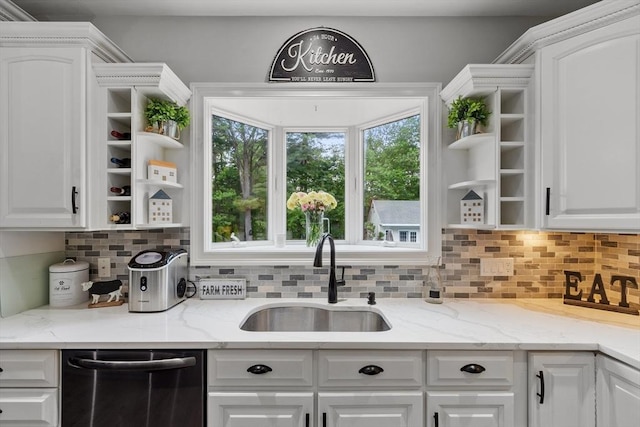 28 Sandy Ridge Rd, Sterling, MA 01564 - kitchen featuring open shelves, a sink, stainless steel dishwasher, and white cabinets