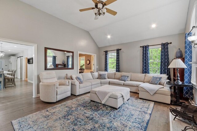 28 Sandy Ridge Rd, Sterling, MA 01564 - living area with vaulted ceiling, a ceiling fan, wood finished floors, and recessed lighting