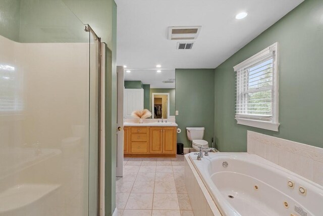 28 Sandy Ridge Rd, Sterling, MA 01564 - bathroom with toilet, a stall shower, a whirlpool tub, vanity, and recessed lighting