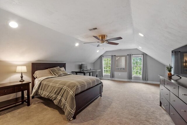 28 Sandy Ridge Rd, Sterling, MA 01564 - bedroom with light colored carpet, vaulted ceiling, baseboards, ceiling fan, and recessed lighting